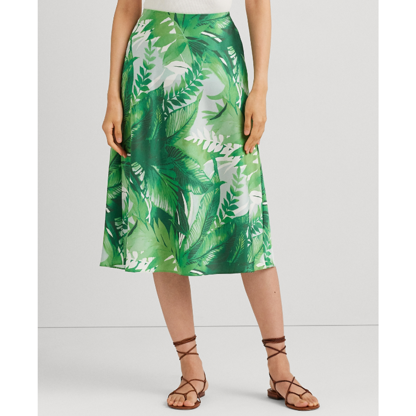 Lauren Ralph Lauren Women Palm Frond Print Charmeuse Skirt Green Multi Size 16